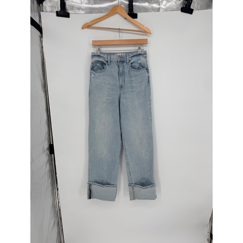 DAZE Straight Leg Jeans 26 Light Wash Cuffed Distressed Tough Love Y2K Indie